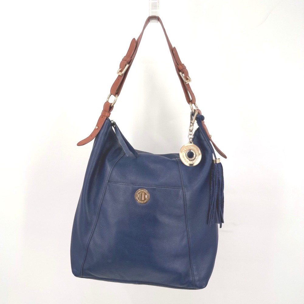 Isaac Mizrahi‎ Hobo Bag Womens Navy Blue Pebbled Leather Tassel Gold Hardware